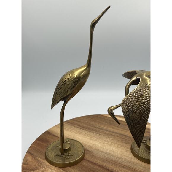 Solid Brass Crane Heron Egret Bird Figurines Pair Sculptures Textured Set of 2 - Picture 2 of 11
